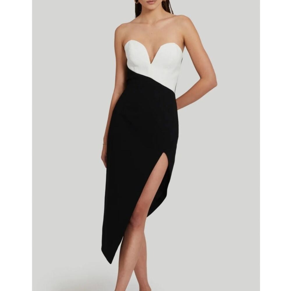 Amanda Uprichard Strapless Asymmetric Hem Dress Soirée Black Ivory NEW